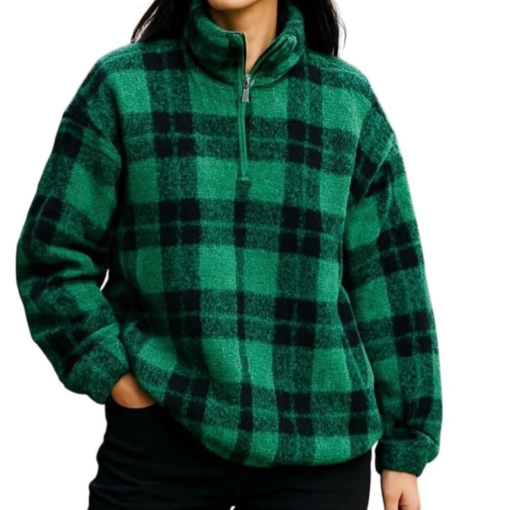 Aerie Offline Fleece Pullover Top Size M Green Black Plaid Plush Sweatshirt